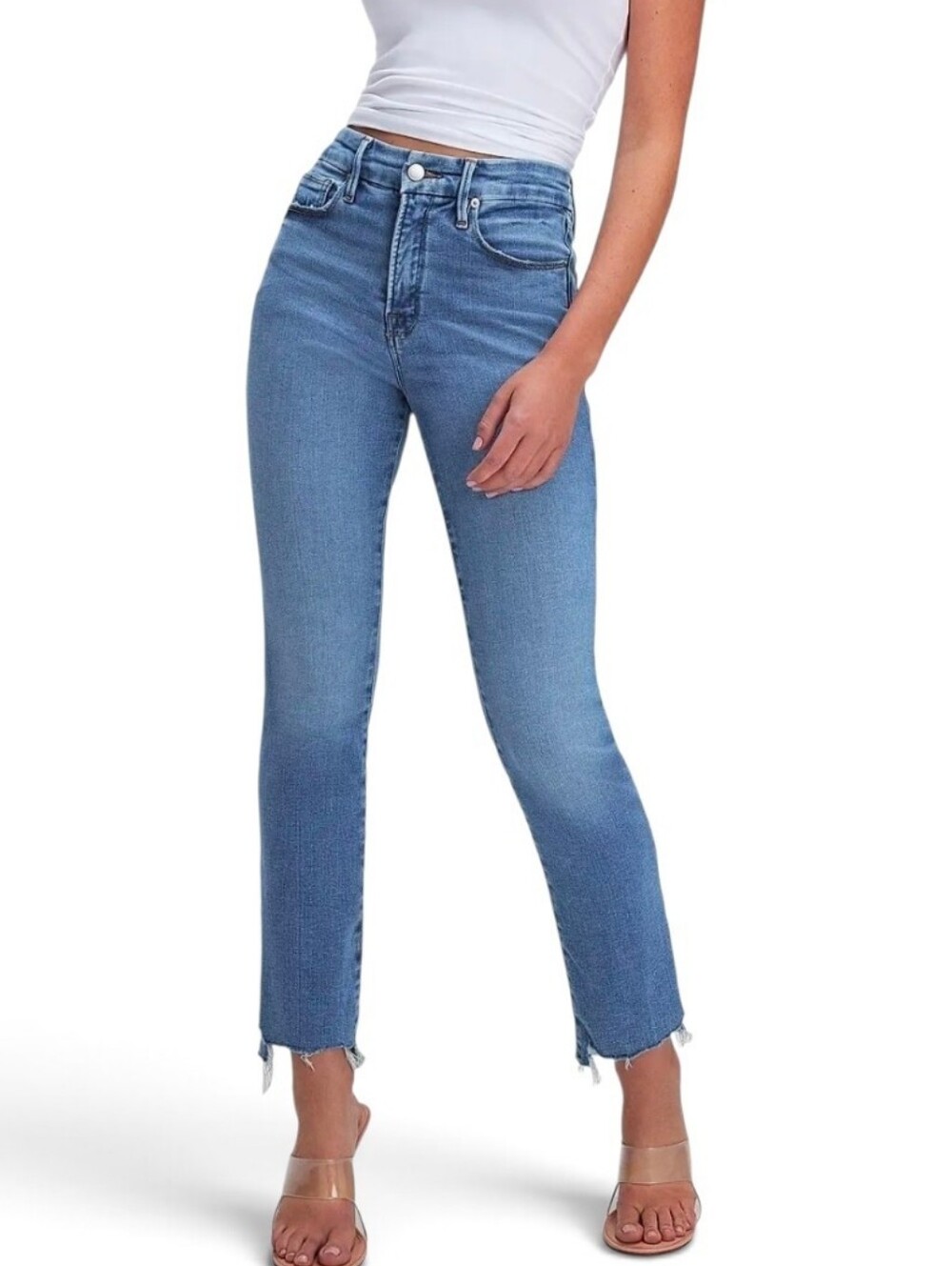 GOOD AMERICAN Good Legs High-Rise Stretch Straight Ankle Frayed Hem - Size 30